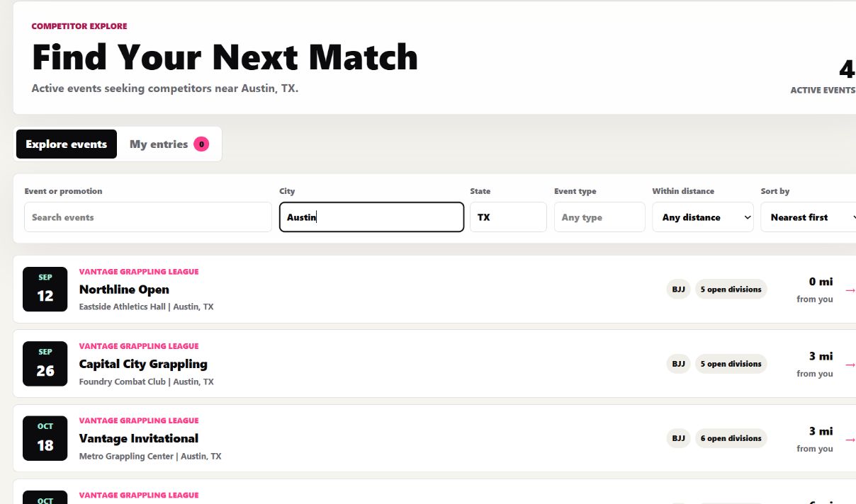 FightValet competitor Explore screen