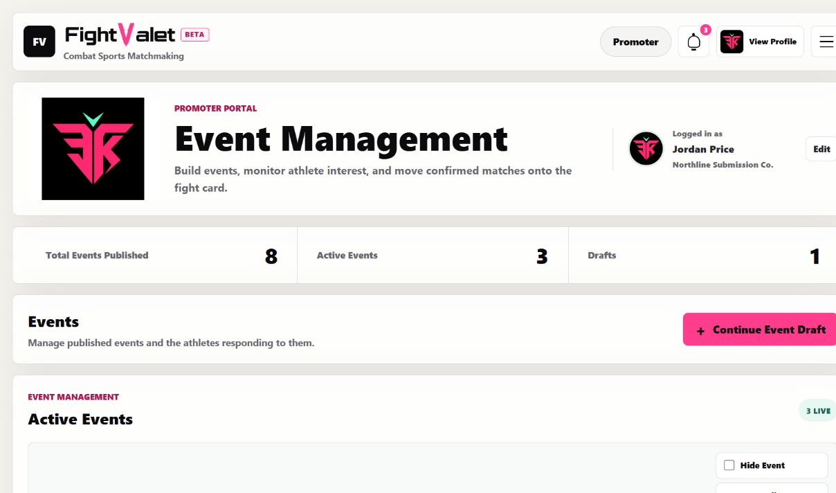 FightValet Event Management workspace
