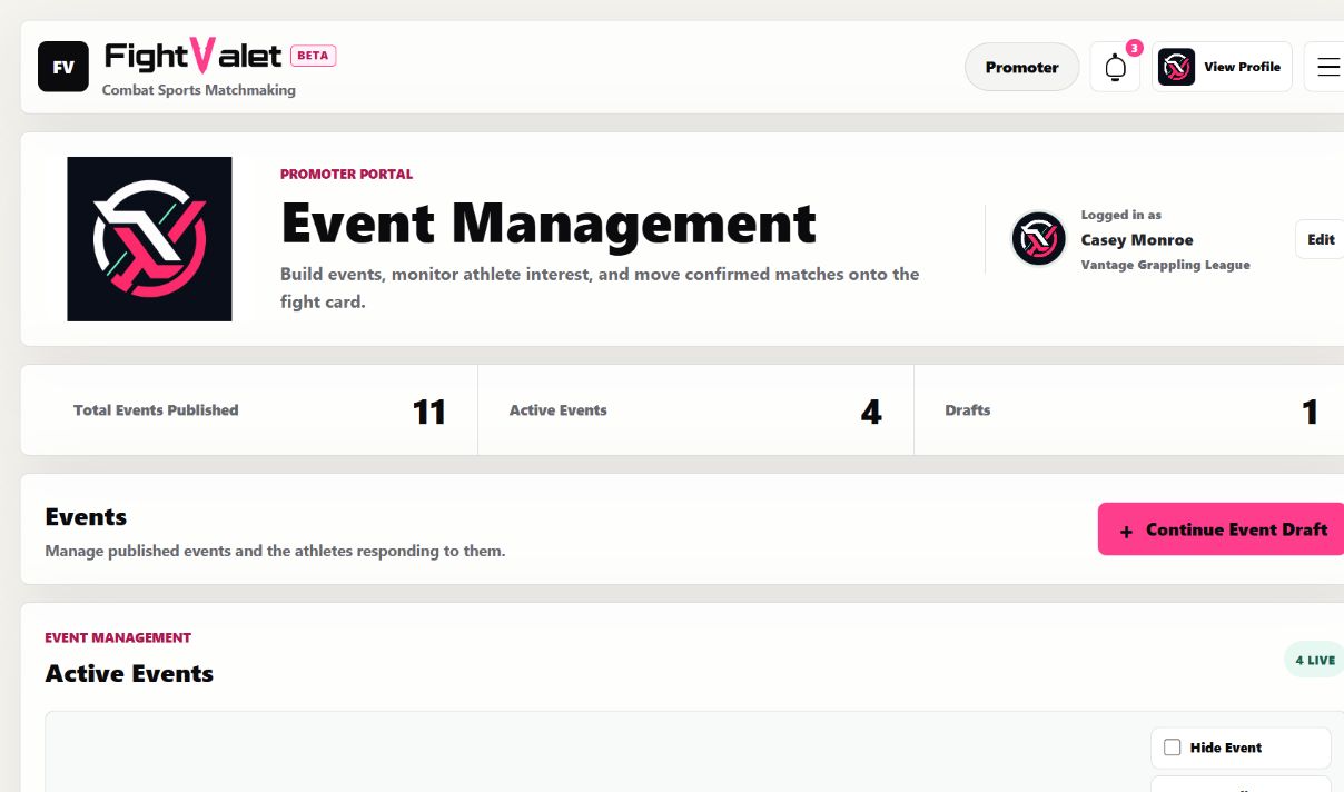 FightValet promoter Event Management screen